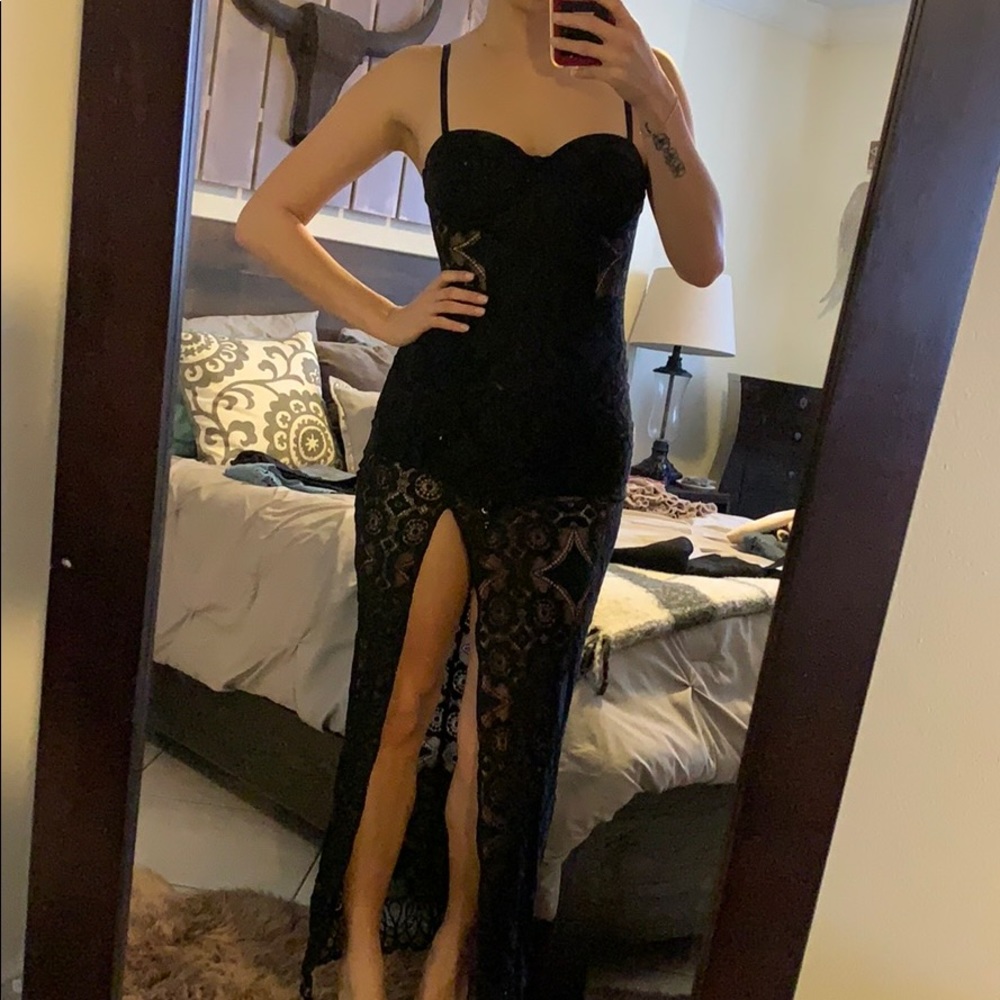 Black lace bebe maxi dress with short lining